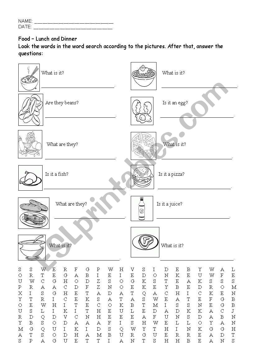 Food for lunch and dinner worksheet