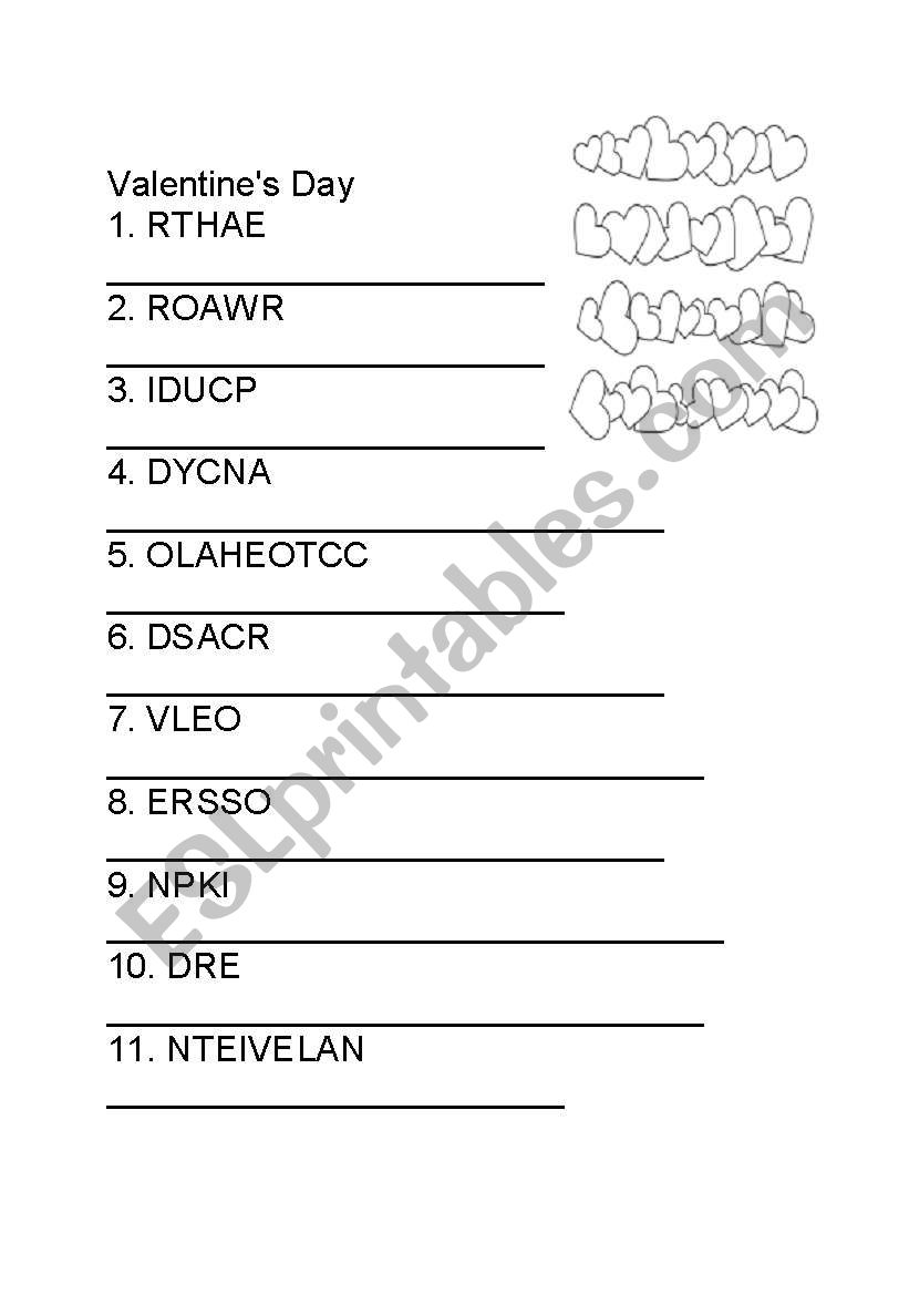 English Worksheets Unscramble Valentine s Day Words