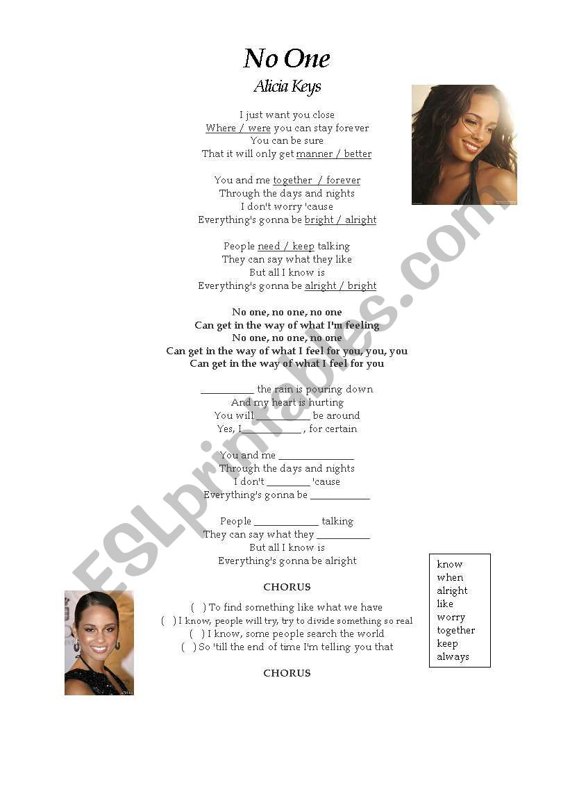 No One - Alicia Keys worksheet