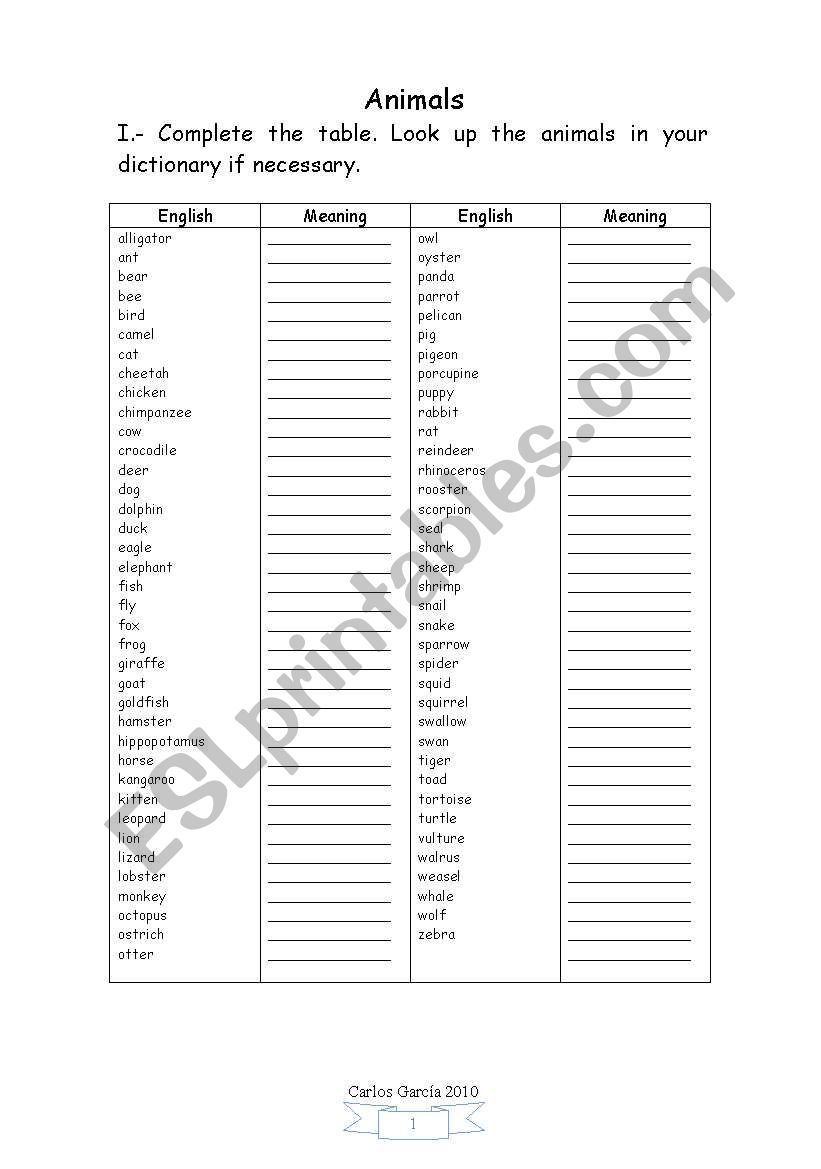 Animals worksheet