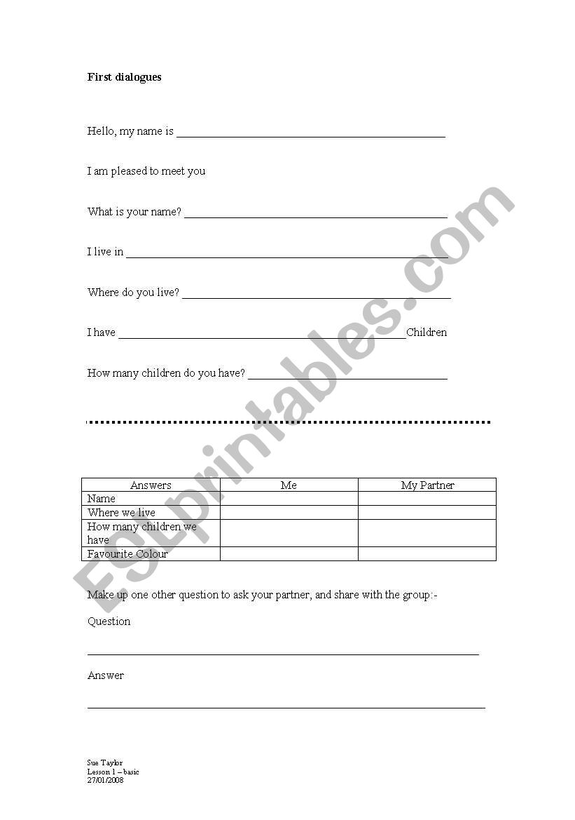 First lesson Dialogues worksheet