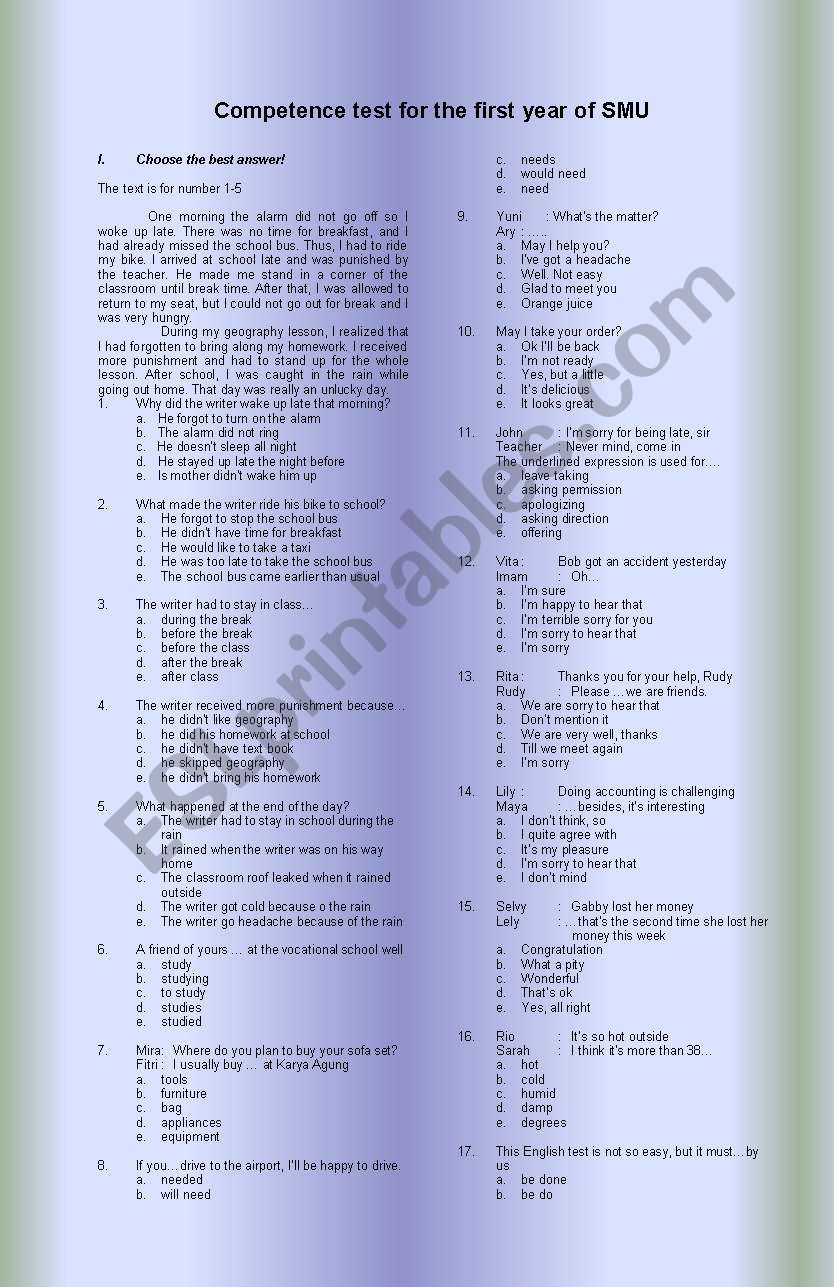 competence test for SMU worksheet