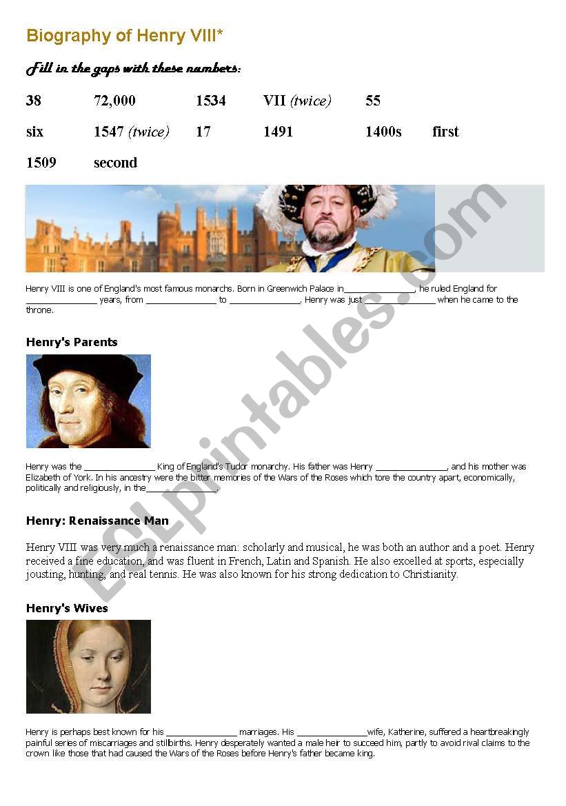 Henry VIIIs Biography worksheet