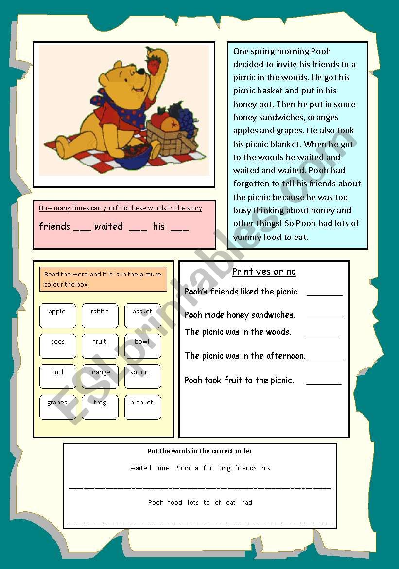 Poohs Picnic worksheet