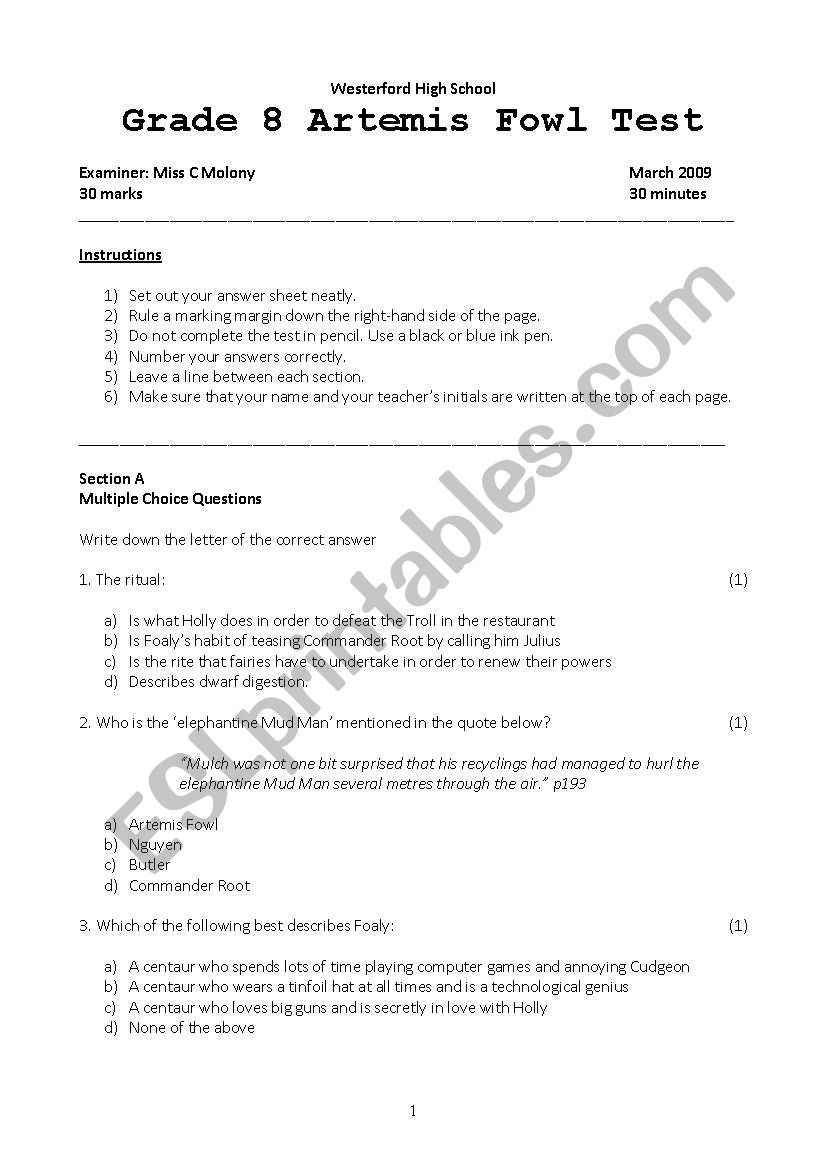 Artemis Fowl Content Test worksheet