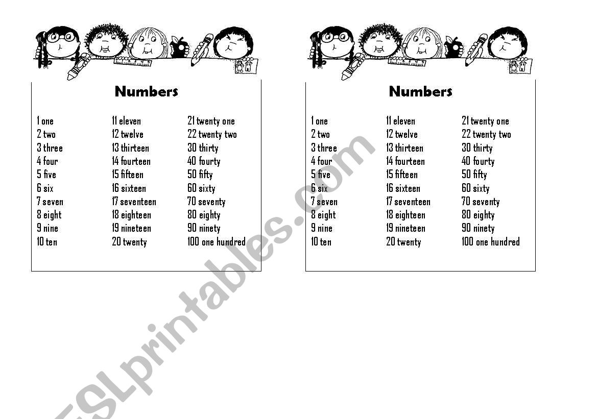 numbers worksheet