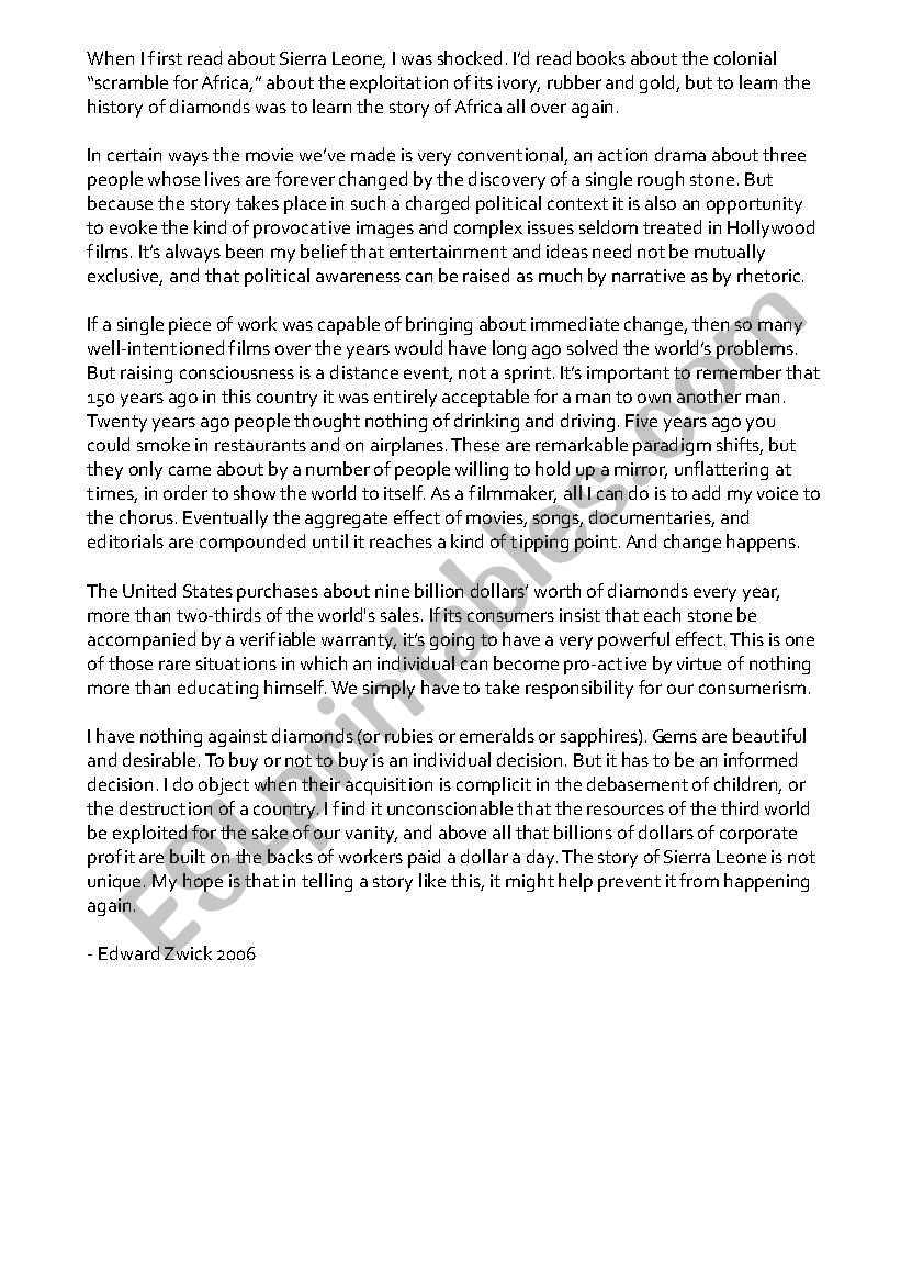 Blood Diamond Lesson Plan Comprehension Questions Esl Worksheet By Frankcesca