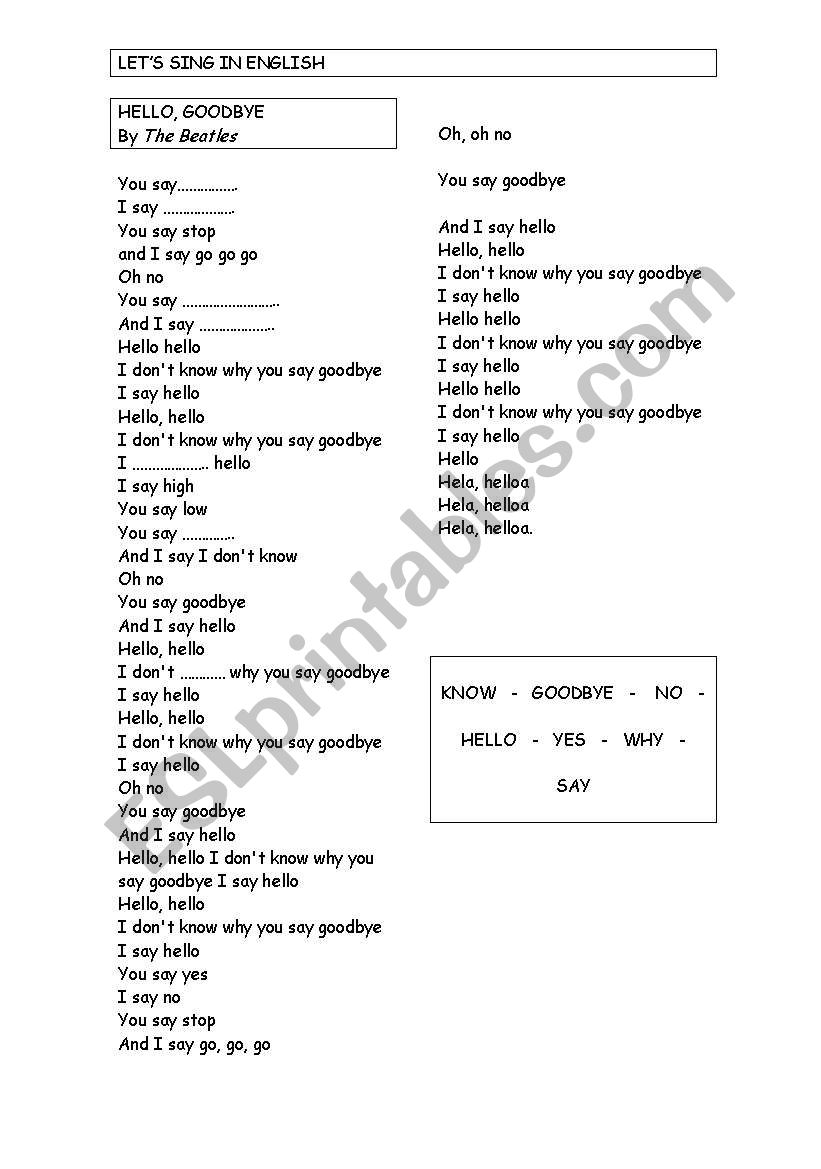 HELLO, GOODBYE by THE BEATLES worksheet