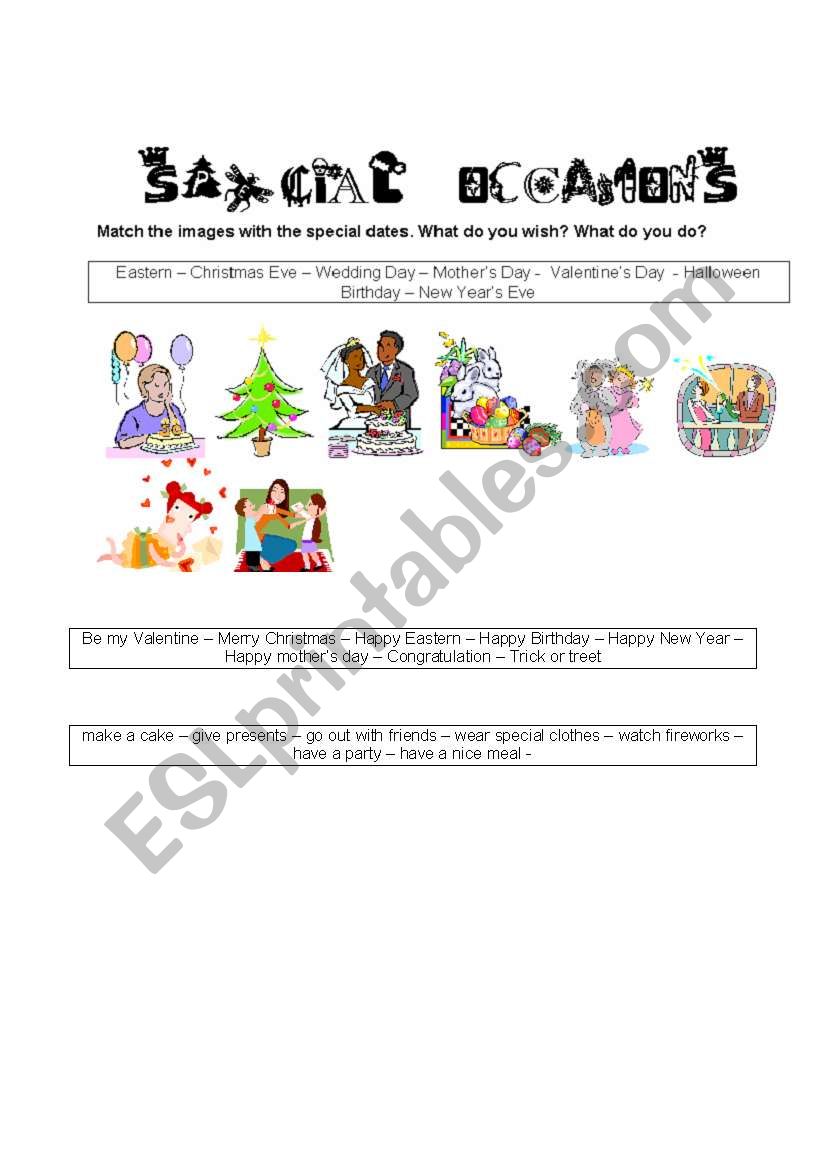 Special occasions worksheet