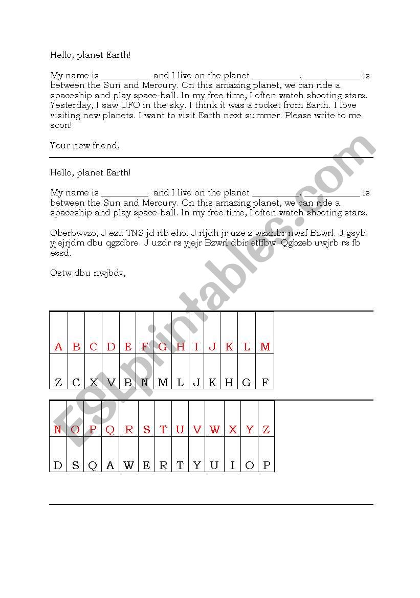coded aliens letter worksheet