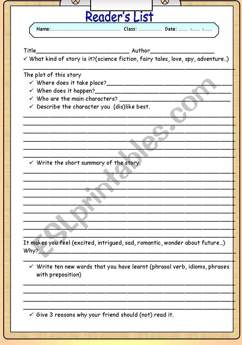 readers list worksheet