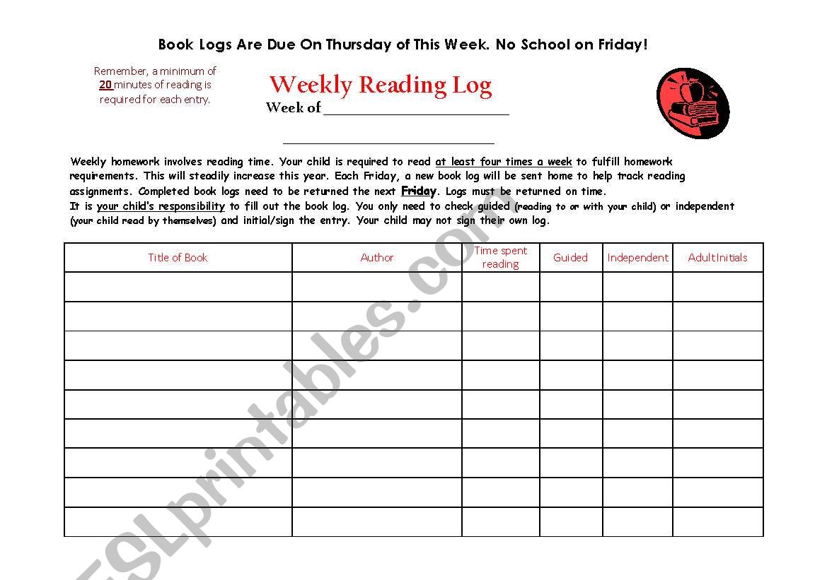 Weekly Reading Log worksheet