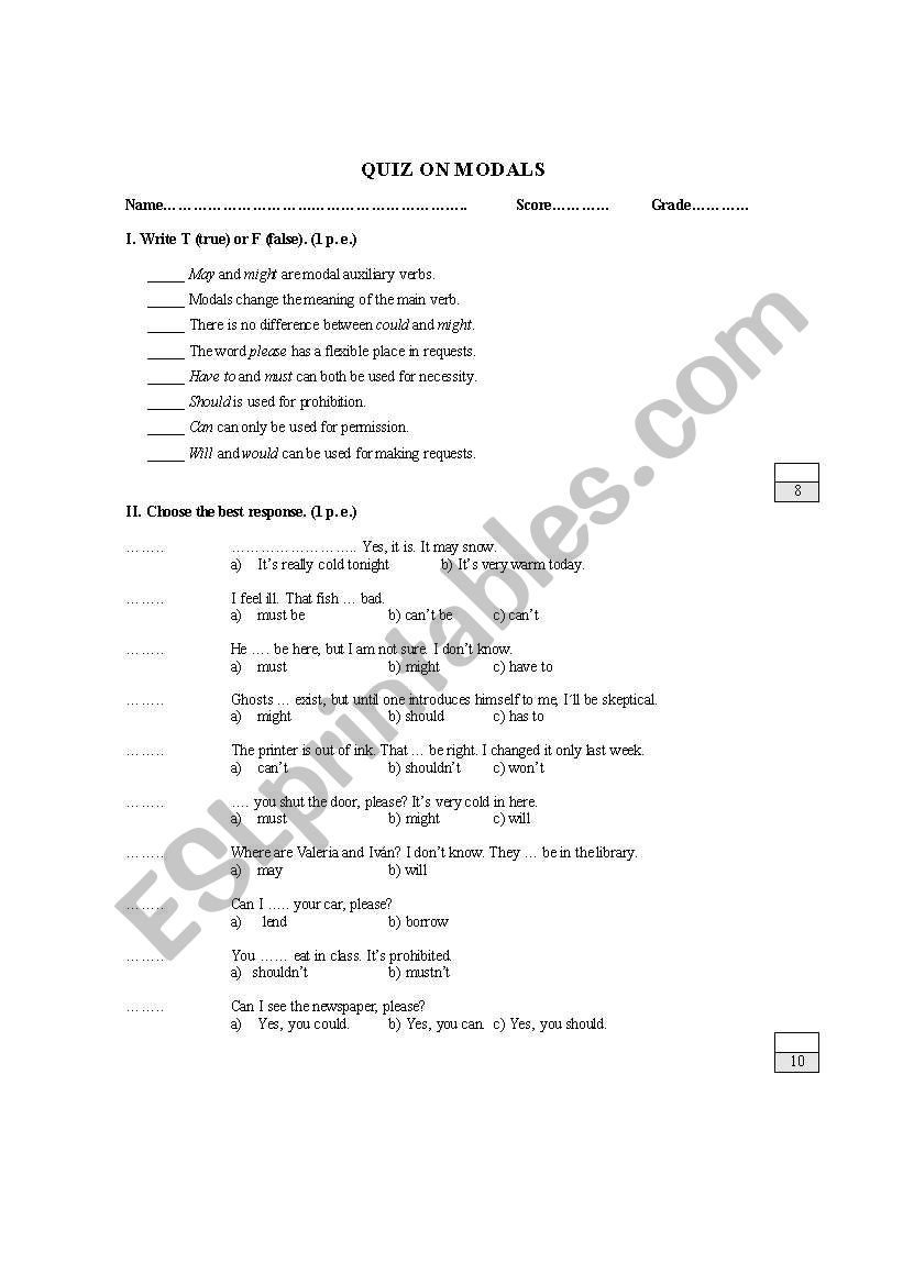 Quiz on Modals worksheet