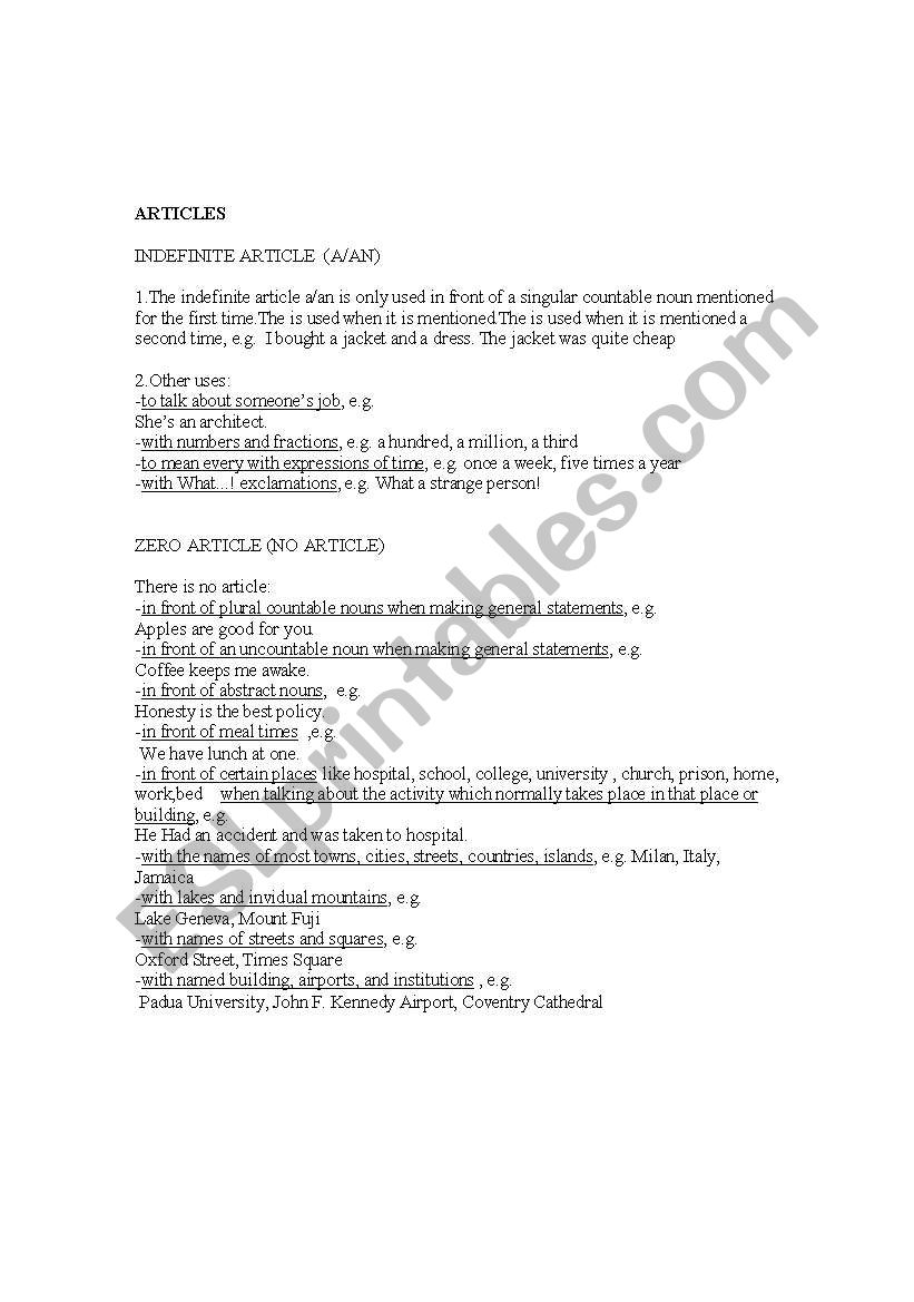 Articles worksheet