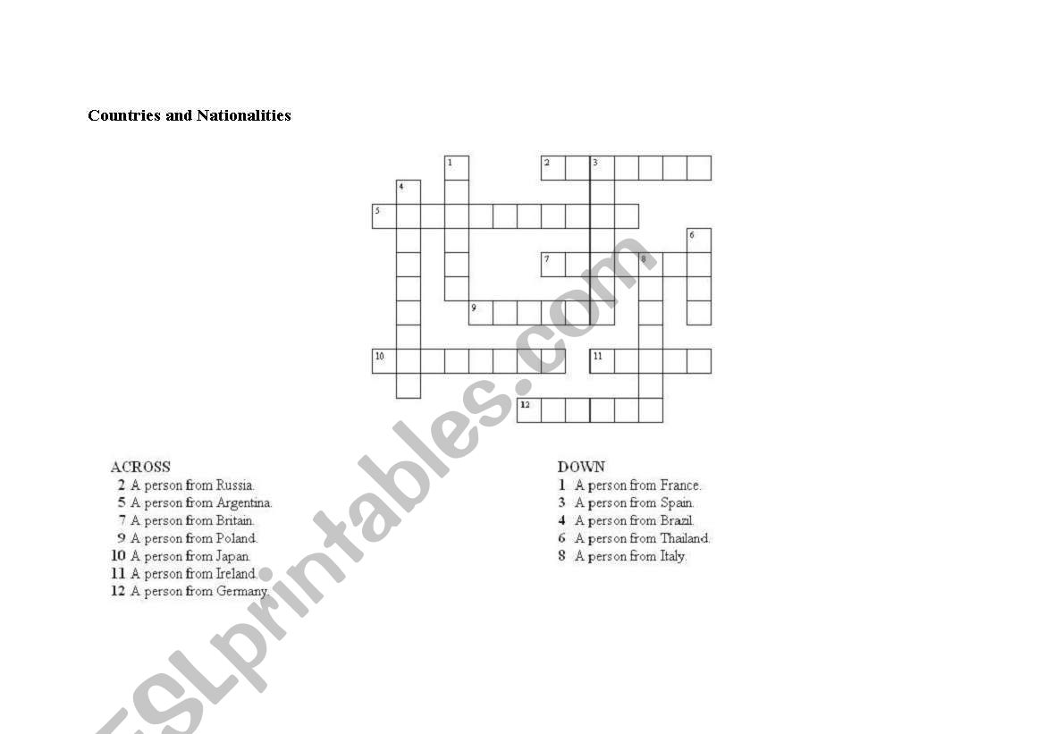 Cities and Nationalities worksheet