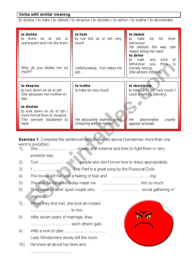 Confusables: to dislike / to hate / to detest / to despise / to disdain / to abhor / to loathe / to abominate