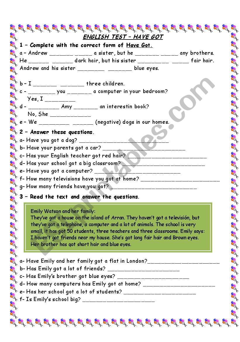 HAVE GOT - TEST worksheet