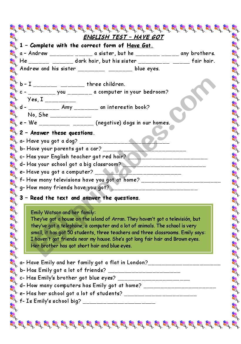 HAVE GOT - TEST worksheet