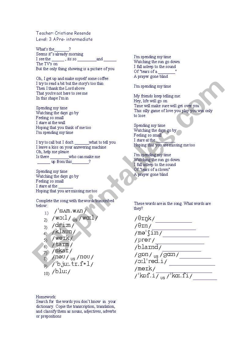 song with phonetic symbols worksheet