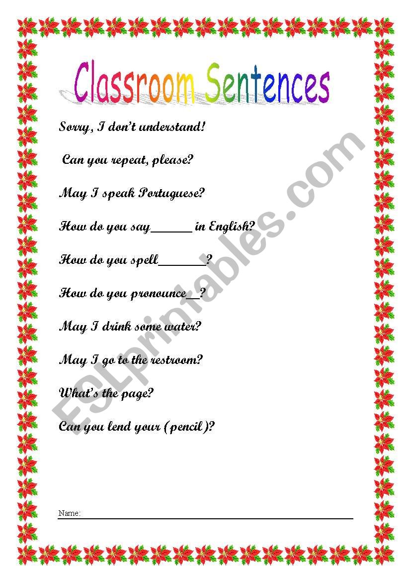 Classroom Sentences worksheet