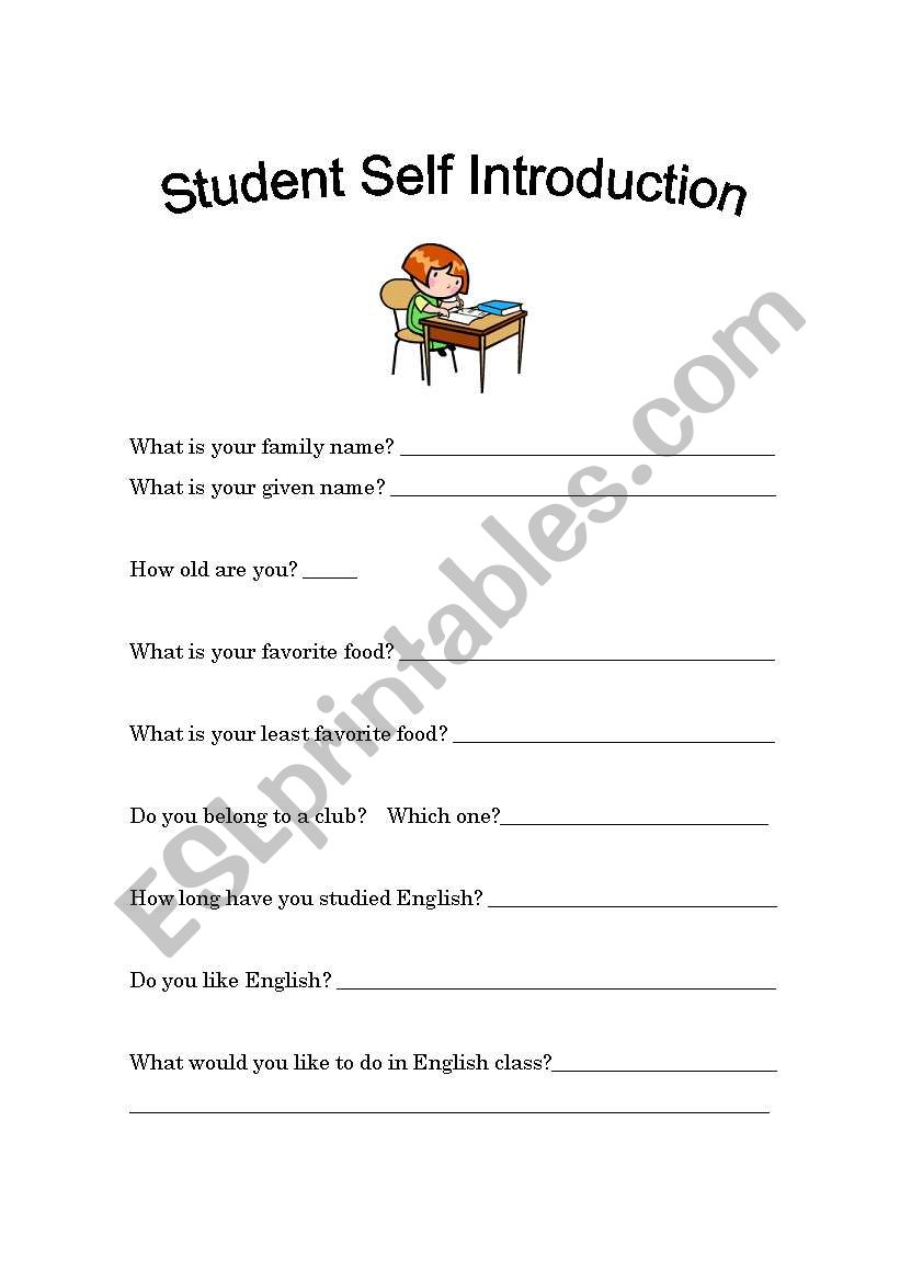 Student Self Introduction worksheet