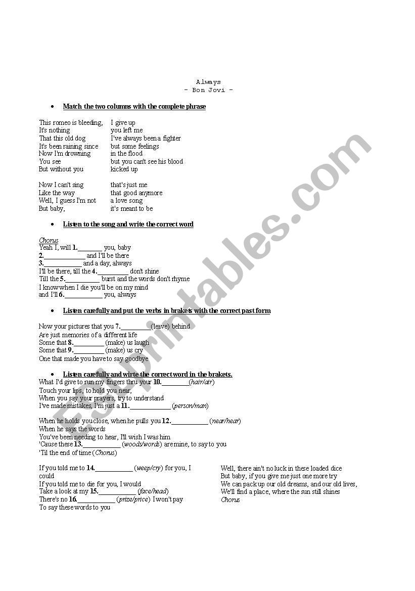 Song-Always by Bon Jovi  worksheet