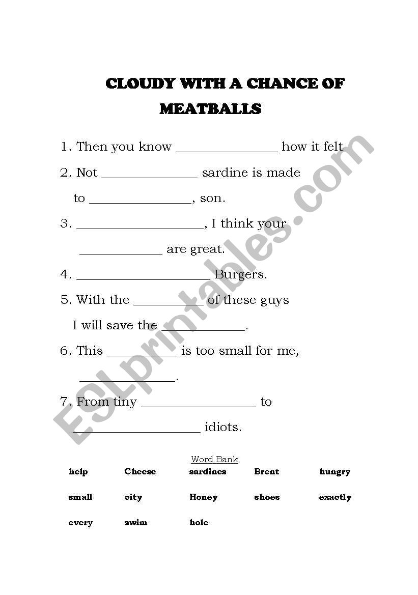 Cloudy with a chance of meatballs worksheet