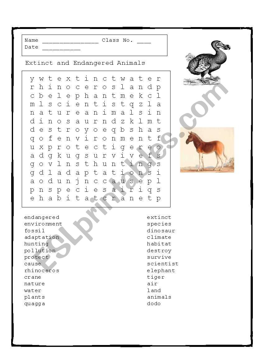 Extinct and Endangered Animals Word Search