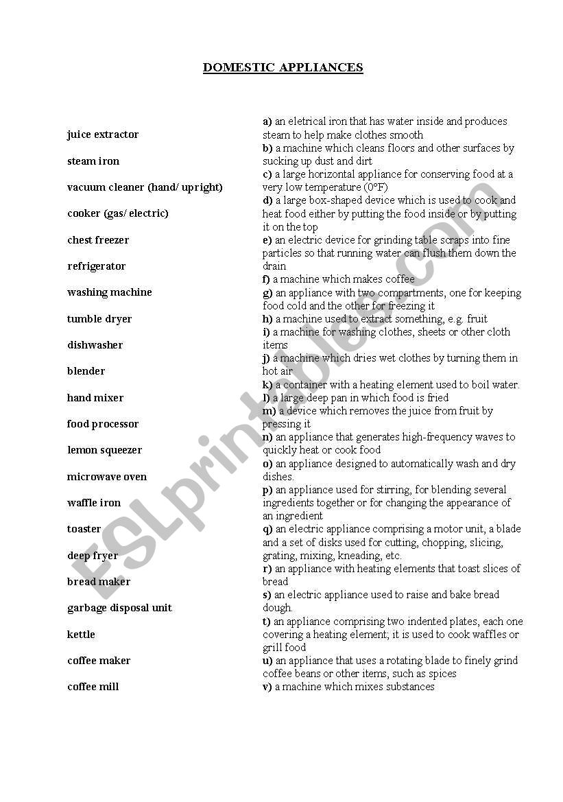 Domestic appliances worksheet