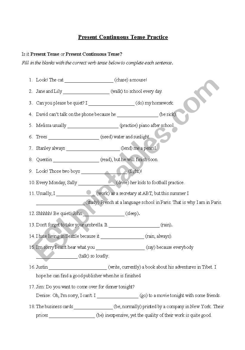 Present Continuous Tense Worksheet
