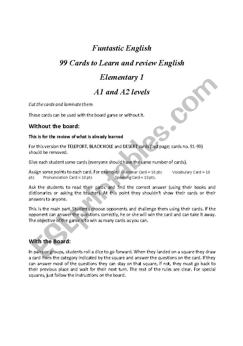 Funtastic English - Elementary 1( 99 Cards to learn and review)