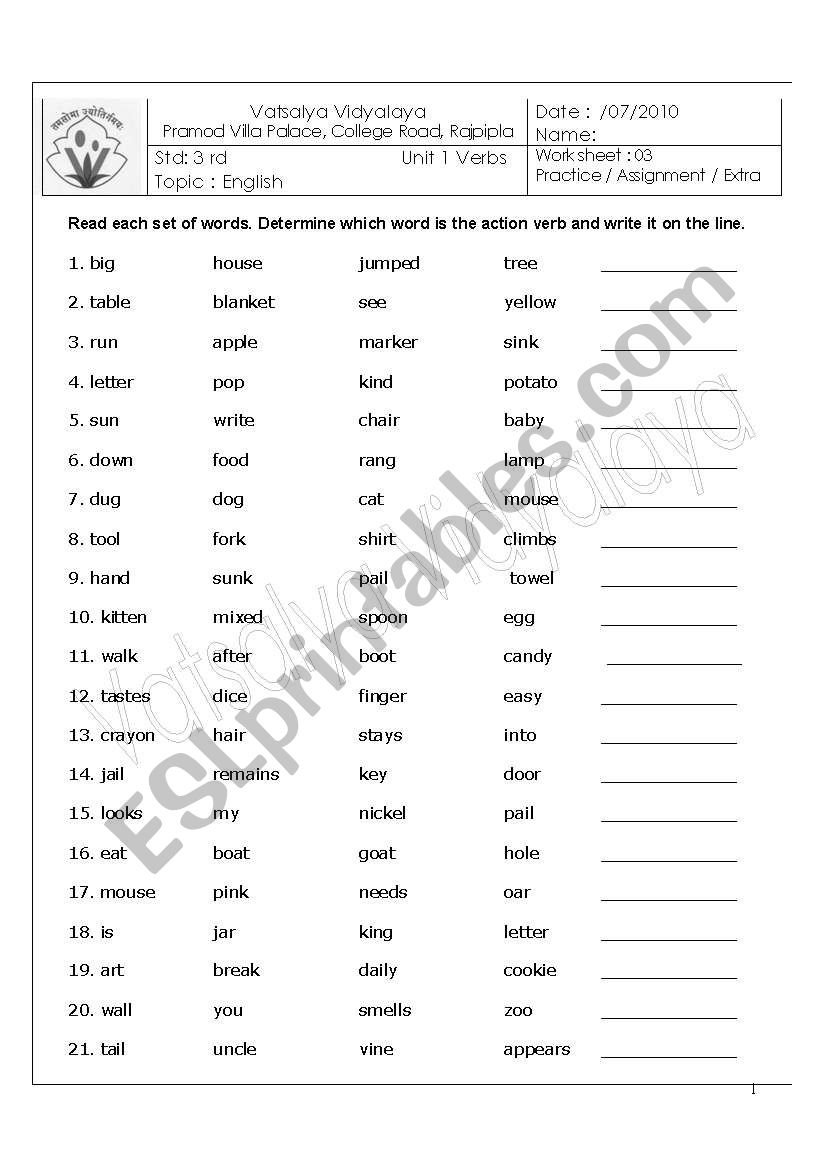 Determining the action words worksheet