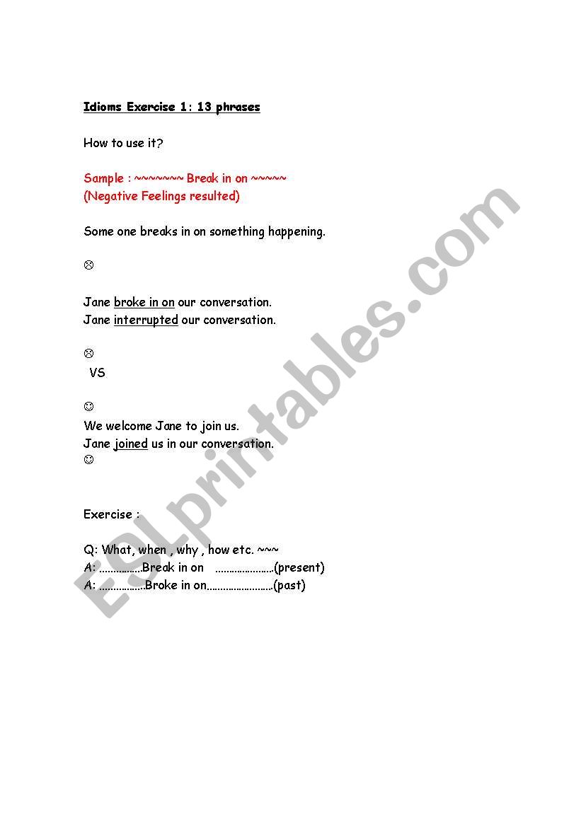 Idioms Basic Exercise worksheet