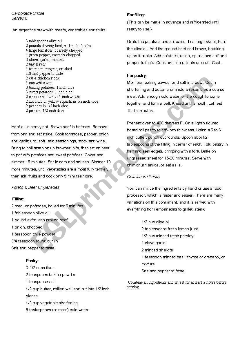 traditional argentine recipes worksheet
