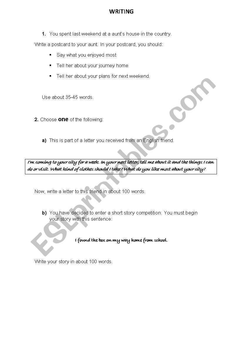 PET WRITING (Parts 2 and 3) worksheet