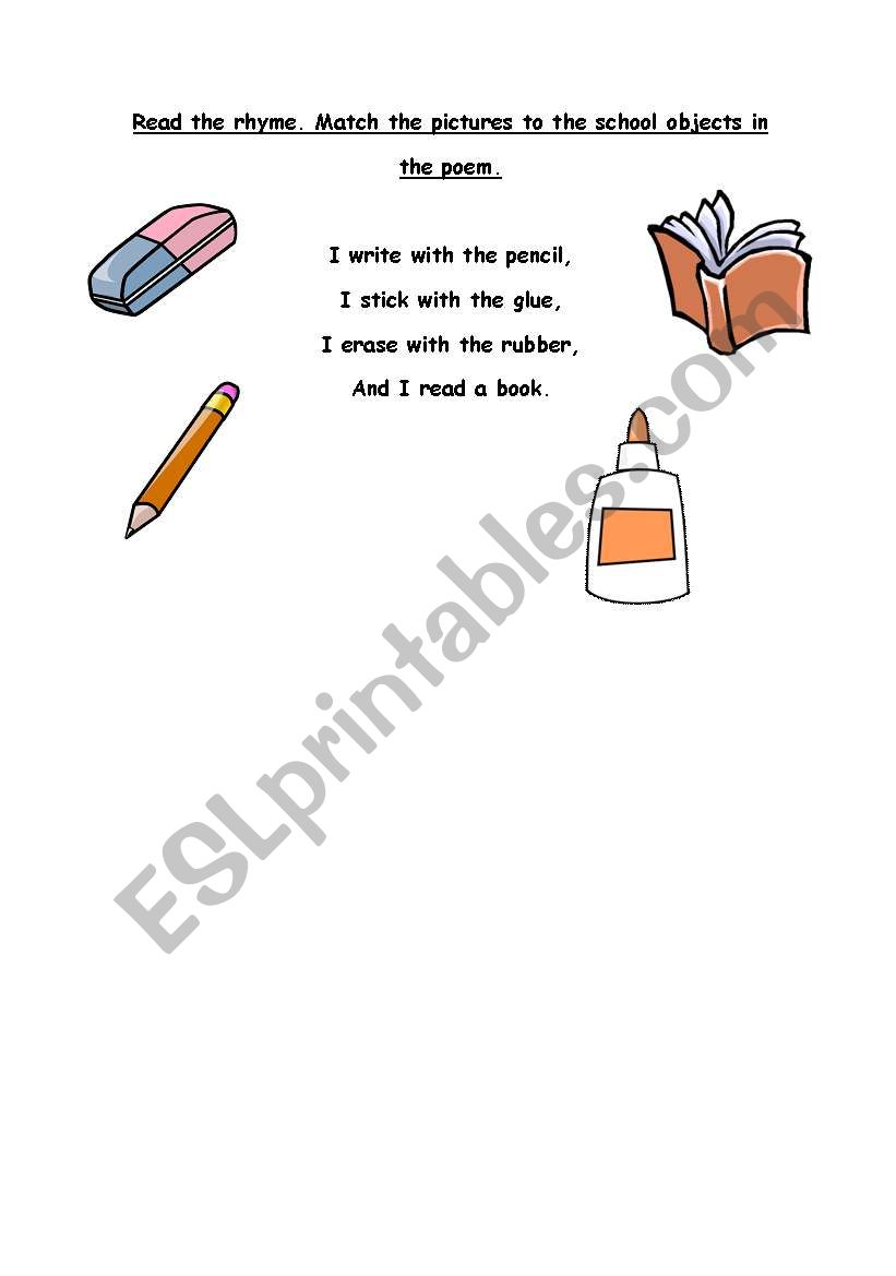 school objects rhyme worksheet