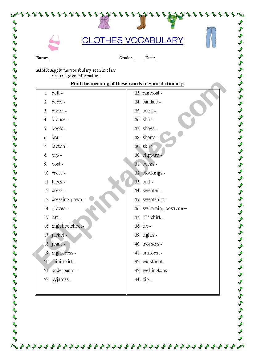 CLOTHES VOCABULARY worksheet