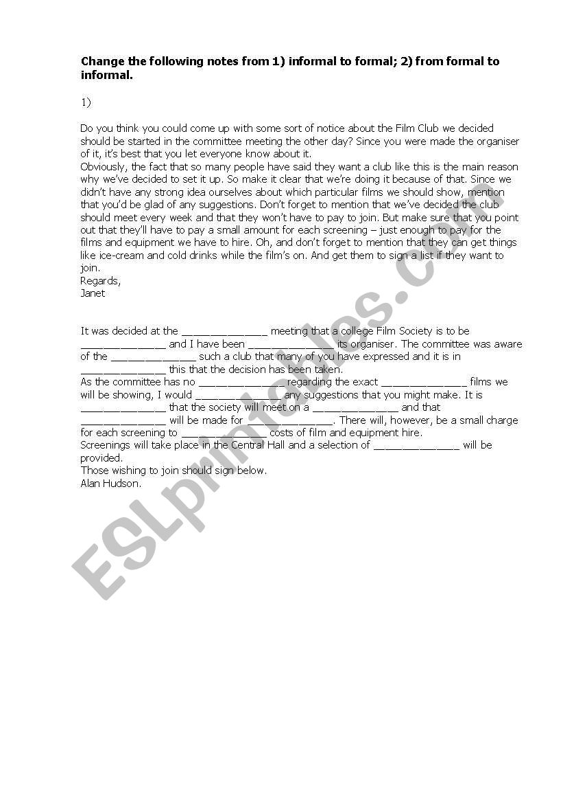 change formal to informal worksheet