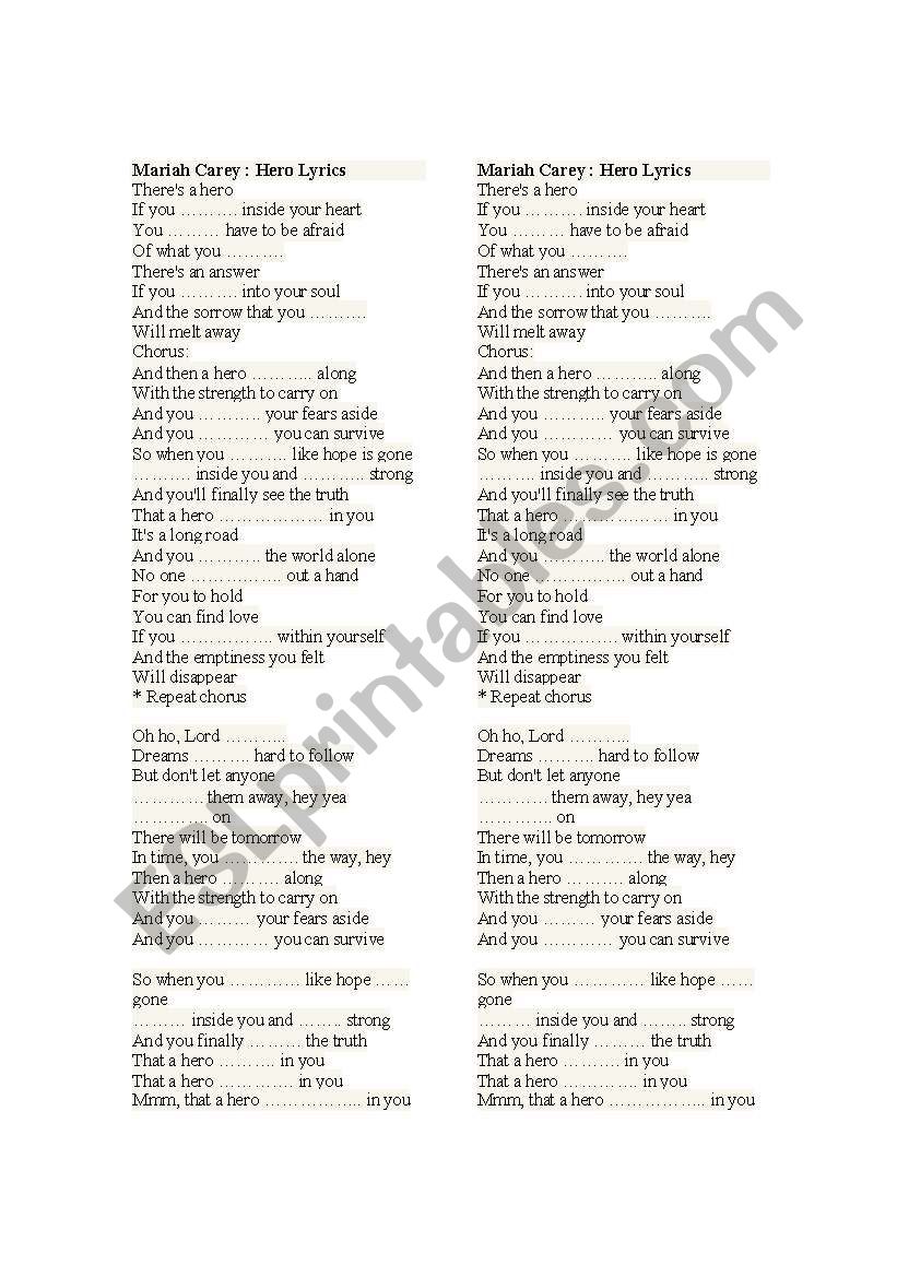 Mariah Carey: Hero Lyrics worksheet