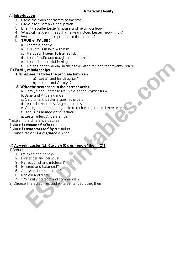 American Beauty Worksheet worksheet