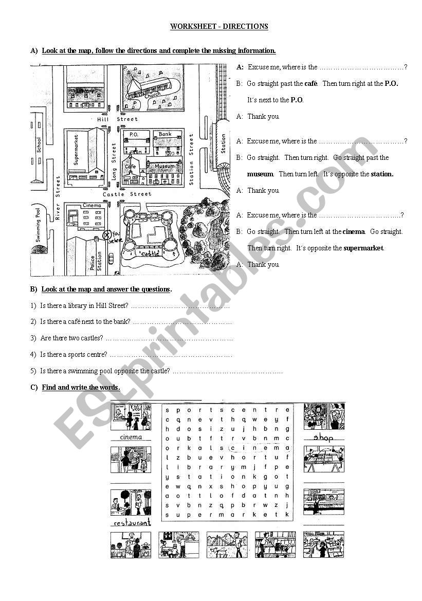DIRECTIONS AND PLACES IN TOWN worksheet