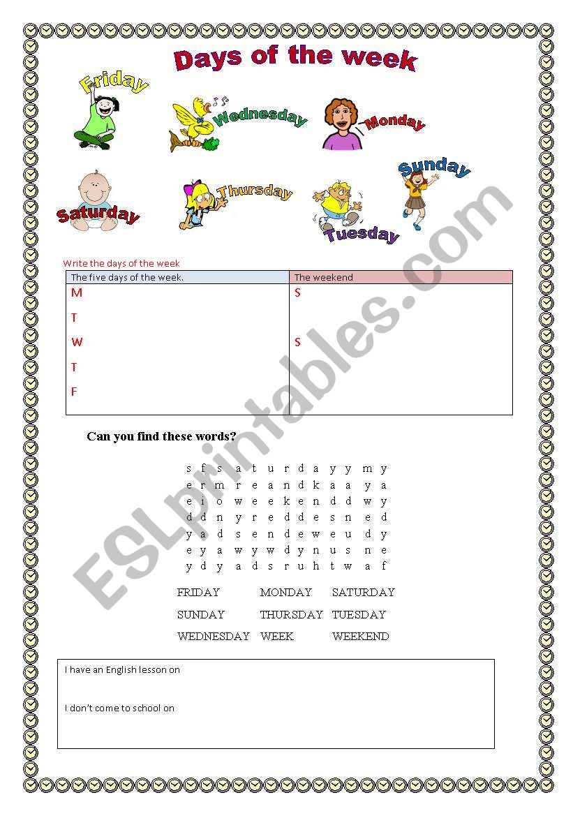 days of the week worksheet