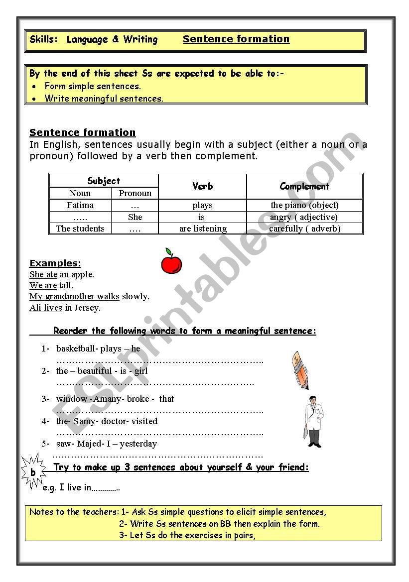 sentence formation worksheet