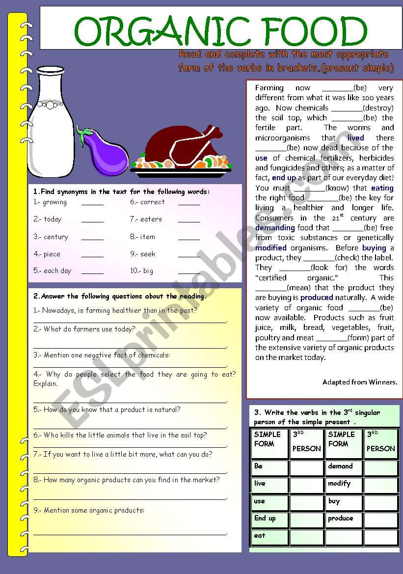 ORGANIC FOOD:  B&W VERSION WITH ANSWER KEY
