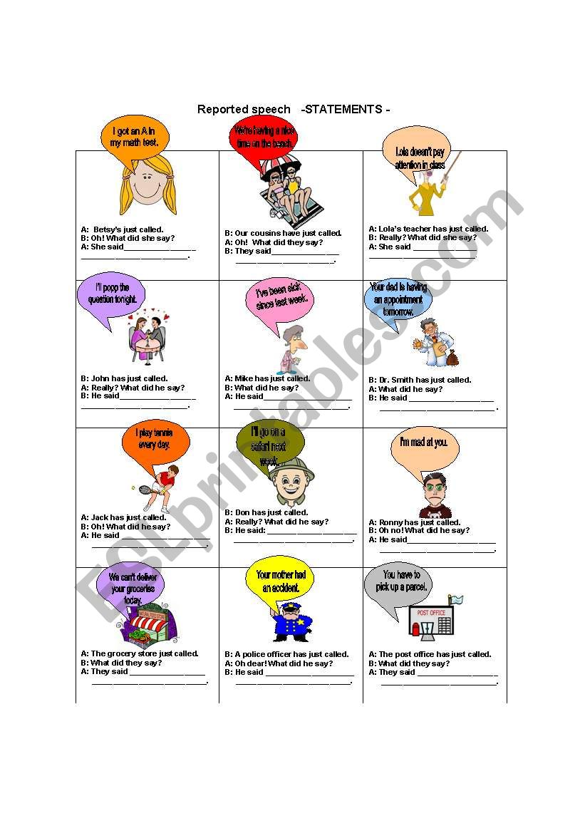 Reported Speech Statements  worksheet