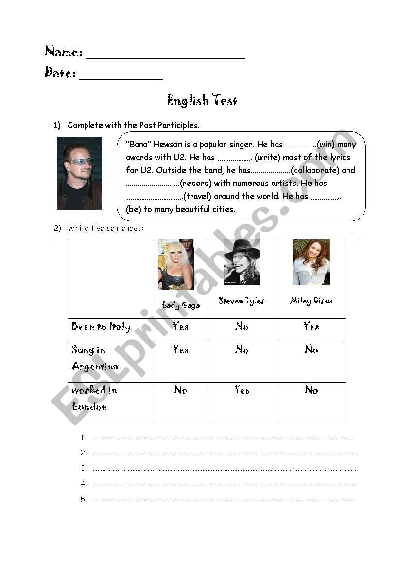 present perfect test worksheet