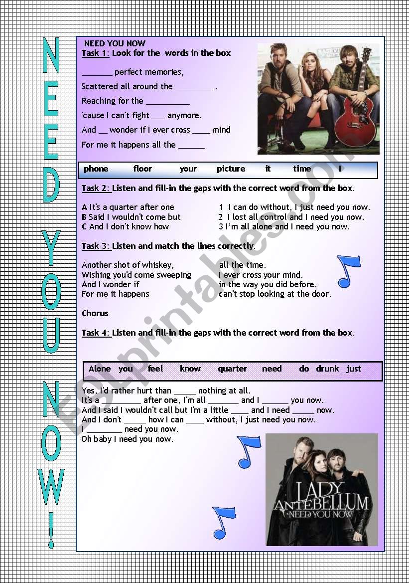 Lady Antebellum Need You now worksheet