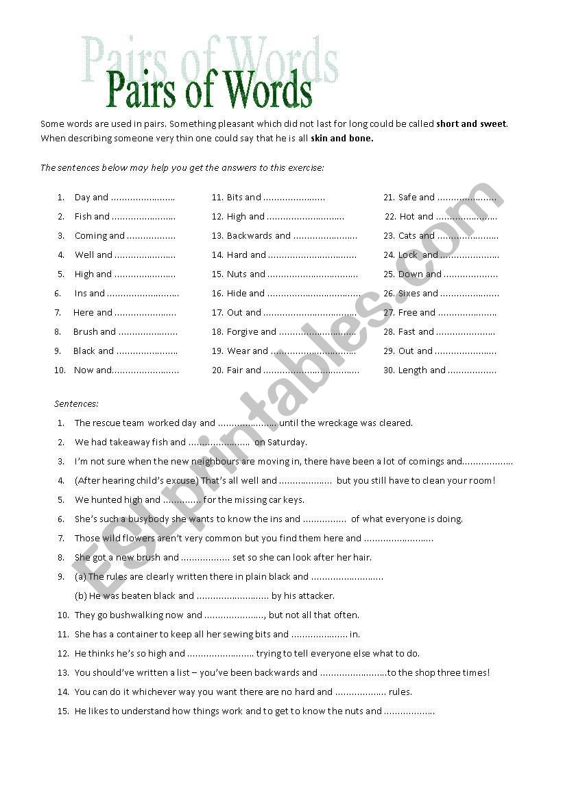 Pairs of words worksheet