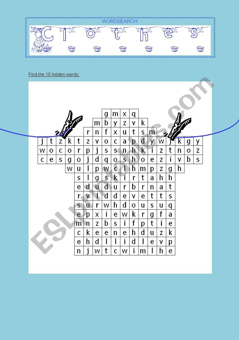 Wordsearch Clothes worksheet