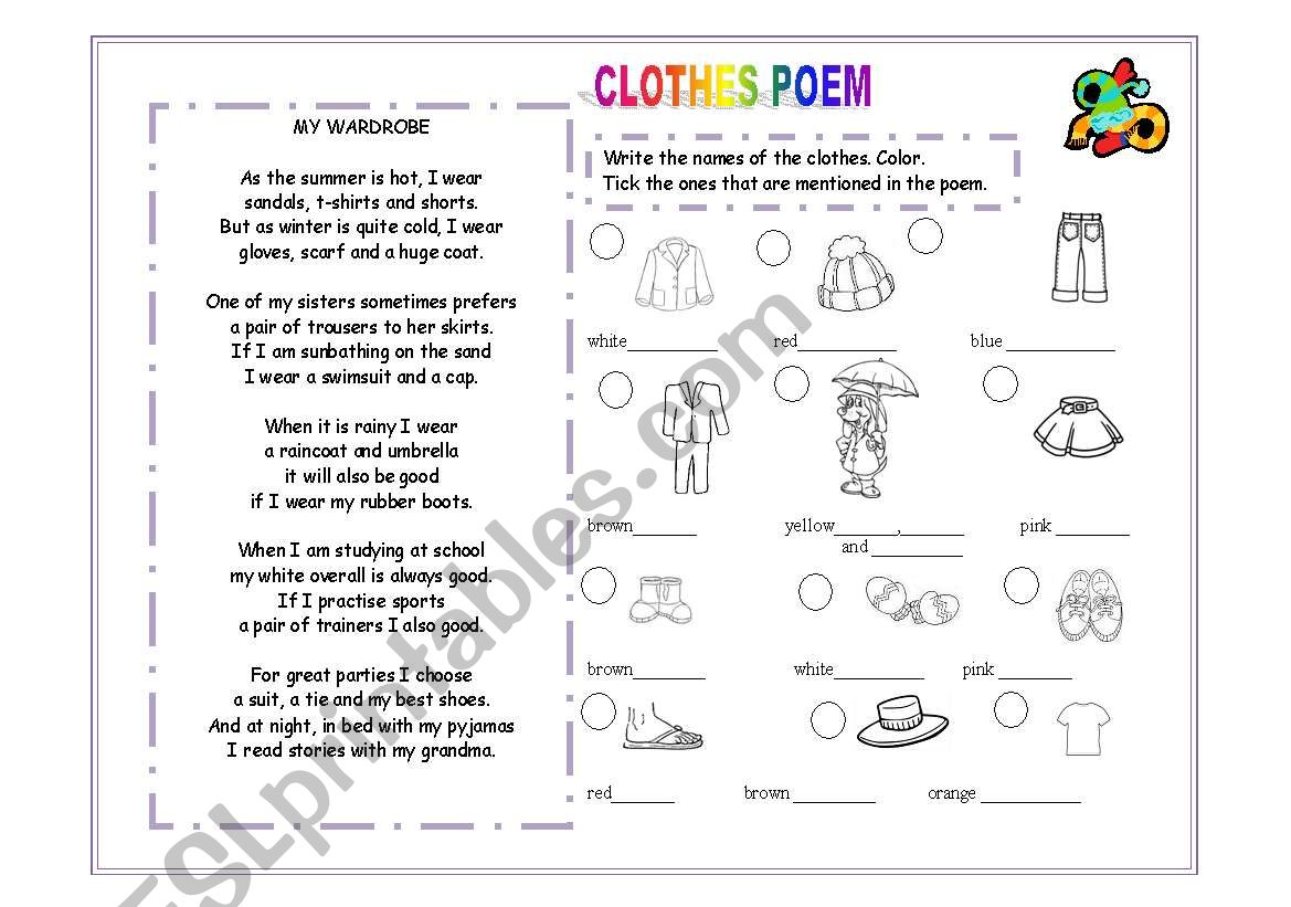 Clothes poem worksheet